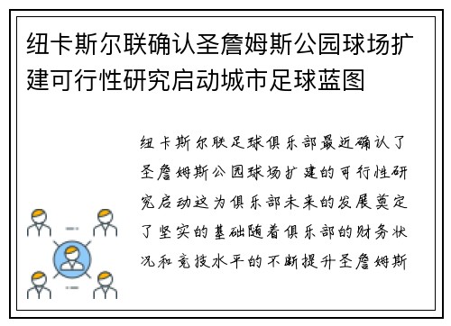 纽卡斯尔联确认圣詹姆斯公园球场扩建可行性研究启动城市足球蓝图 纽卡斯尔联确认圣詹姆斯公园球场扩建可行性研究启动城市足球蓝图